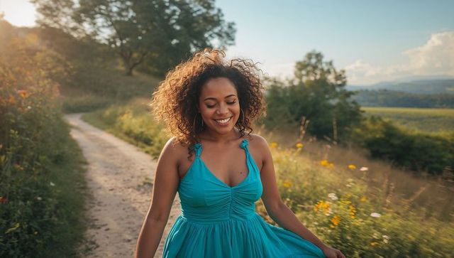 Smiling woman walking in teal sundress on country lane at golden hour, wildflowers
