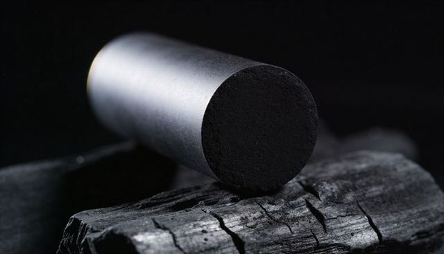 Cylindrical metal rod resting on charred wood with dramatic rim lighting