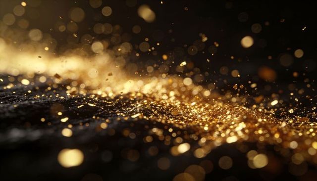 Shimmering golden glitter cascade glinting on dark fabric with warm bokeh highlights