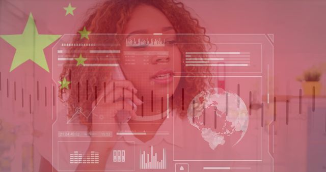 Businesswoman on Phone Overlaid with Data Graphics and Chinese Flag - Download Free Stock Images Pikwizard.com