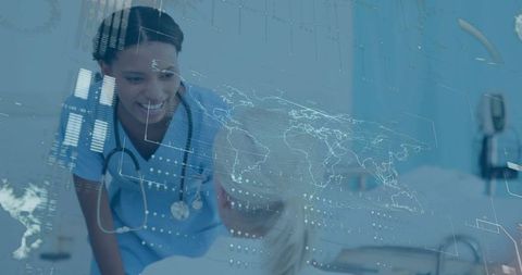 Nurse leaning over patient with digital health data overlay connecting telemedicine and bedside care