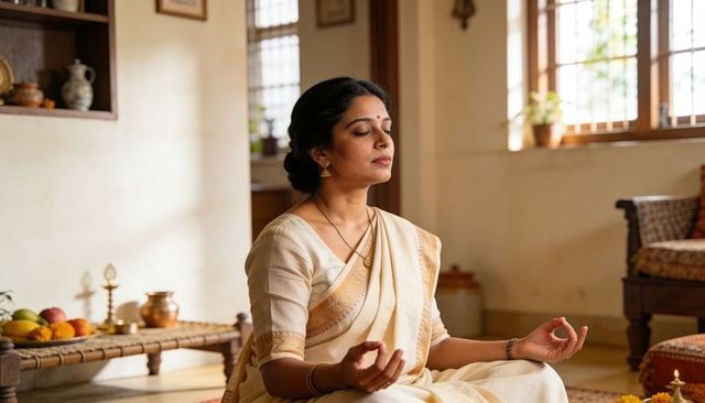 Indian woman meditating at home in cream and gold saree practicing traditional mudra with diya