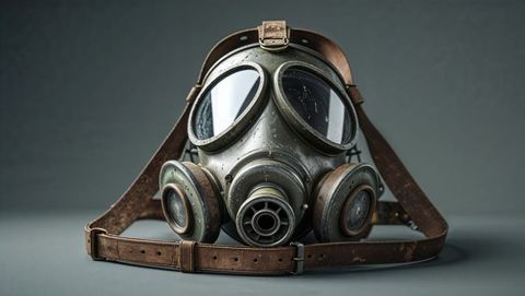 Vintage first world war military gas mask on table with dual canisters