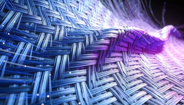 Abstract metallic woven mesh with neon filaments and blue-purple gradient macro texture