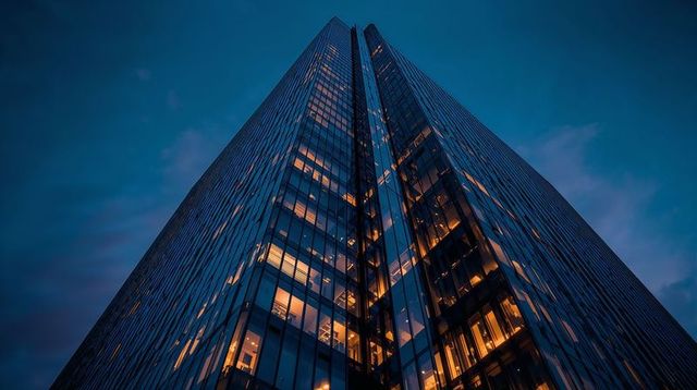 Glass tower rising at twilight with illuminated offices and reflective facade