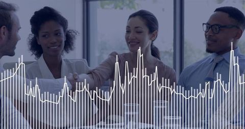 Multicultural Business Team Shaking Hands Concluding Deal with Data Chart Overlay