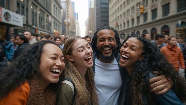 Laughing friends embracing on busy downtown street candid urban friendship portrait