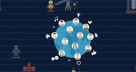 Global Education Network with Diverse Icons on Blue Background