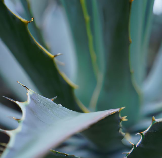 Close-up image focusing on the intricate details of spiky agave leaves. Highlights natural textures and features of the succulent. Useful for nature-themed blogs, botanical studies, or design inspiration for green and sustainable projects.