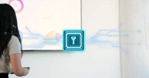 Businesswoman presenting data with holographic security key and circuit interface