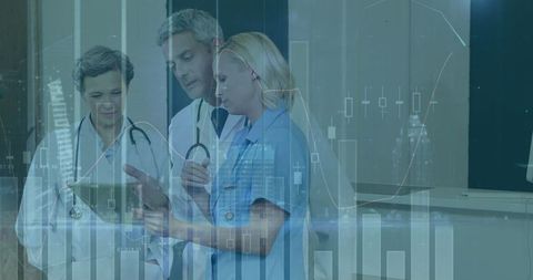 Diverse Medical Professionals Analyzing Data with Technology Overlay