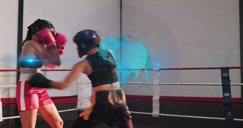 Female Boxers Sparring and Punching in Ring with Futuristic Holographic Globe Overlay