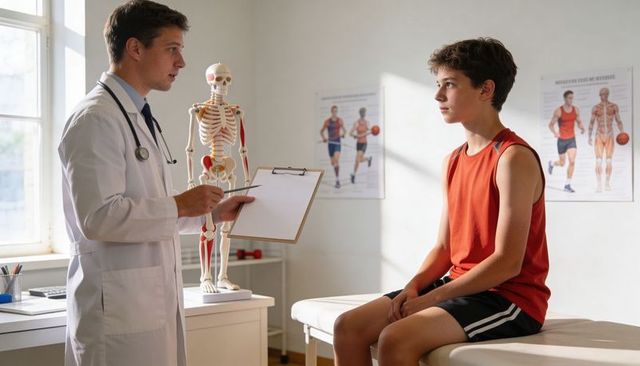 Doctor consulting teen athlete during sports physical with skeleton model in bright clinic