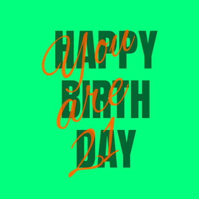 Ideal for birthday cards, social media posts, digital invitations, or banners celebrating a 21st birthday milestone. The vibrant contrast of orange text on a green background exudes joy and festivity.