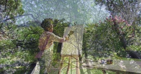 Artist Painting on Canvas in Serene Garden Setting