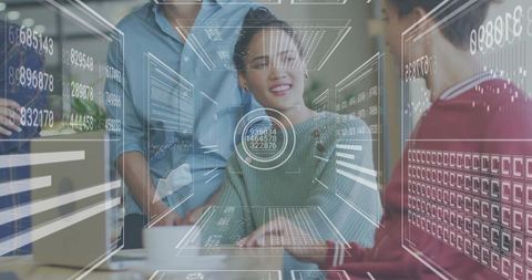 Team Collaborating with Augmented Reality Analytics Dashboard on Laptops and Smartphones