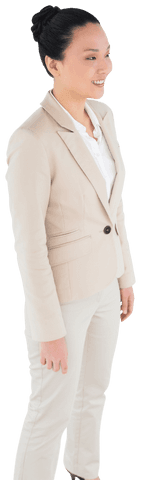 Transparent Asian Businesswoman Smiling in Professional Suit