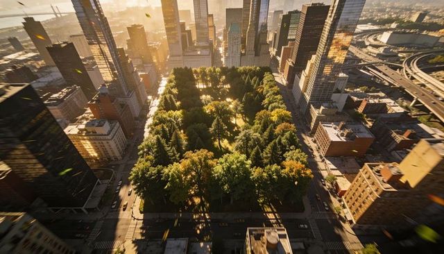 Sunlit aerial framing rectangular urban park amid glass towers with autumn tree canopy