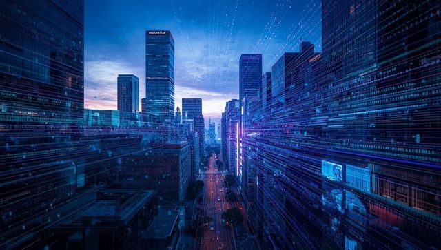 Digital Data Streams Flowing Amidst Futuristic Urban Skyscrapers