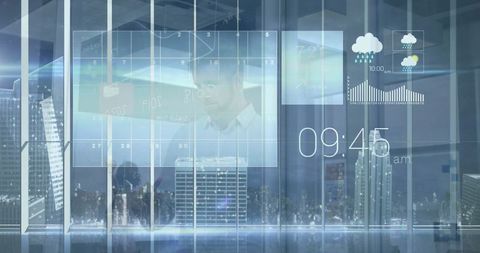Futuristic Digital Dashboard Overlaying Skyscraper Skyline