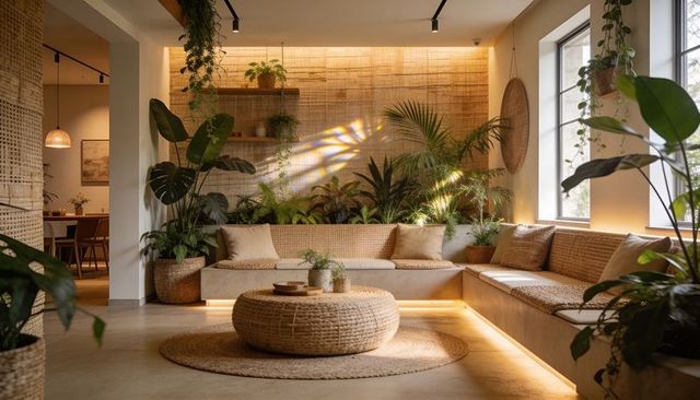 Biophilic living room with l-shaped rattan bench, woven ottoman and lush indoor plants