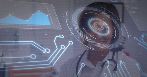 Female clinician with stethoscope interacting with holographic hud and health data visuals