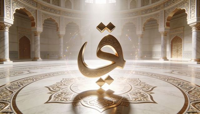 Glowing golden arabic letter floating over ornate mosque marble medallion