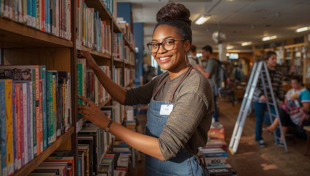 Smiling black librarian shelving books in bright library aisle in denim apron and glasses