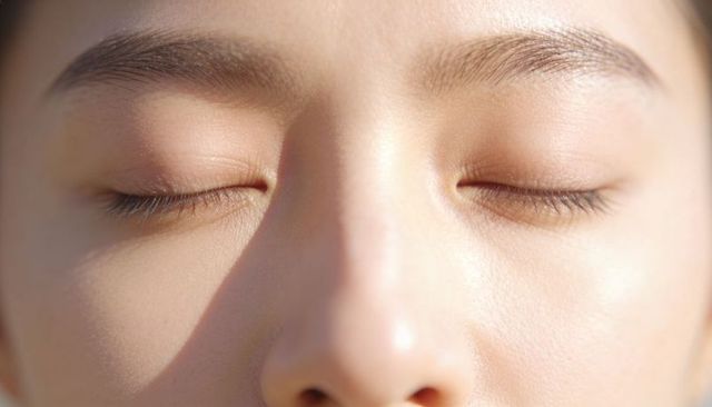 Close-up serene female face with closed eyes showing natural skin texture, visible pores and soft li