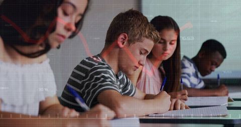 Diverse students learning with overlaying graph reflecting economics