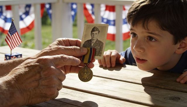 Grandparent passing veteran medal and portrait to curious grandchild on patriotic porch