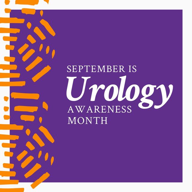 Illustration of september is urology awareness month text with orange scribbles on purple background. Copy space, vector, urological disease, cancer, support, awareness, healthcare and prevention.