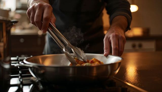 Hands stirring sautéed vegetables with tongs in stainless-steel pan on gas stove