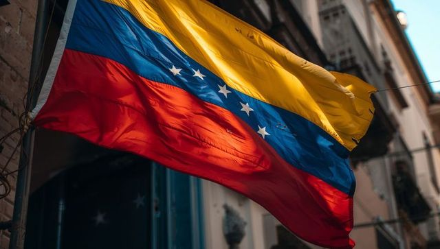 Waving venezuelan flag on narrow street with eight stars, sunlit fabric and urban texture