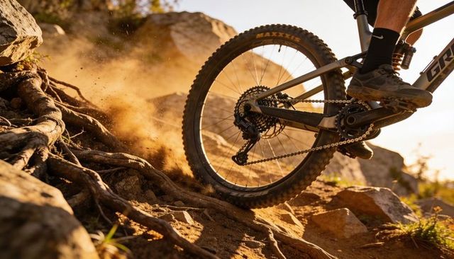 Rear-wheel mountain biking powering over rocky trail, kicking dust and navigating roots