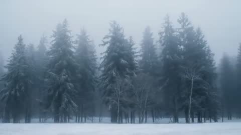 Fog drifting through snow-covered evergreens in quiet winter forest — cinematic timelapse