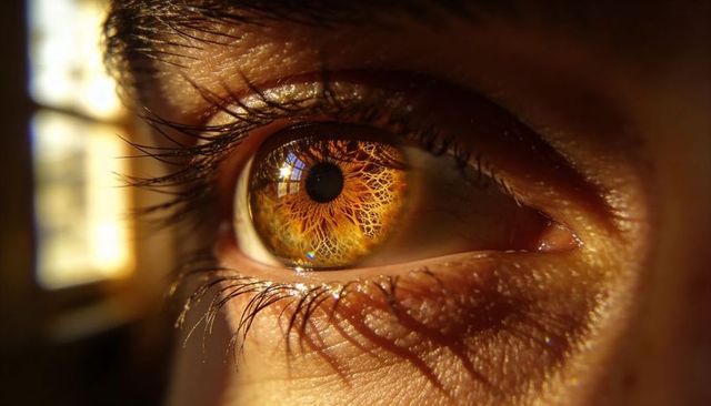 Golden amber eye macro showing fractal iris detail and window reflection