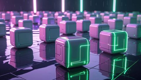Futuristic neon cubes reflecting in cyberpunk environment