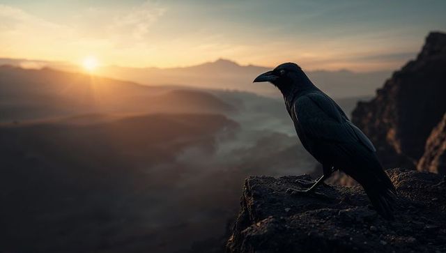 Sublime Morning: Crow Surveilling Misty Valley During Sunrise