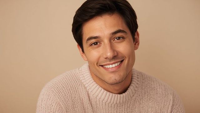 Smiling young man wearing pale pink knit sweater, warm beige backdrop, friendly headshot