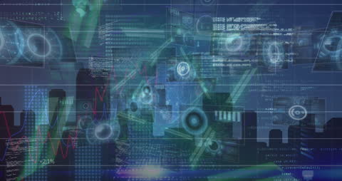 Digital Interface Data Visualization Over Urban Skyline