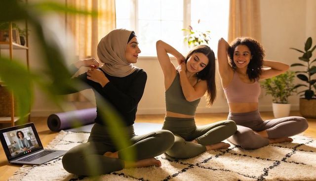 Diverse women stretching in sunlit living room practicing yoga together with online coach