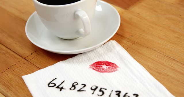 A white coffee cup sits on a saucer next to a napkin with a red lipstick kiss mark and a series of numbers written on it, with copy space. It suggests a secretive or romantic message left in a cozy café setting.