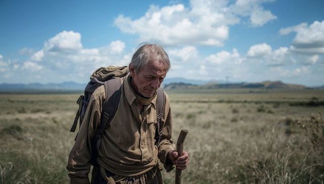 Senior hiker trekking across windswept grassland carrying rucksack and wooden walking stick