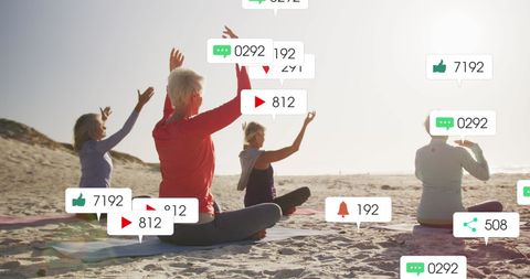 Women Practicing Yoga on Beach with Social Media Notifications - Download Free Stock Images Pikwizard.com