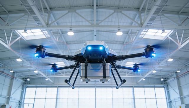 Hovering industrial delivery drone carrying secure payload box with blue leds in hangar