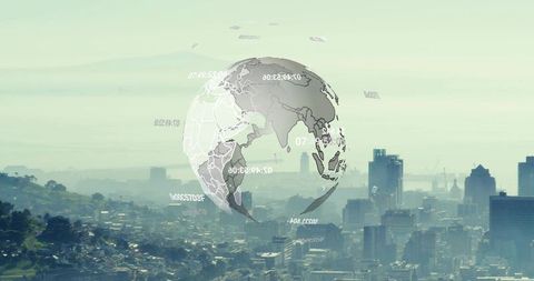 Holographic Globe Floating Above Futuristic City Skyline Projecting Timecode Data Overlays