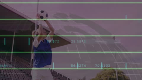 Caucasian Female Soccer Player with Digital Finance Overlay