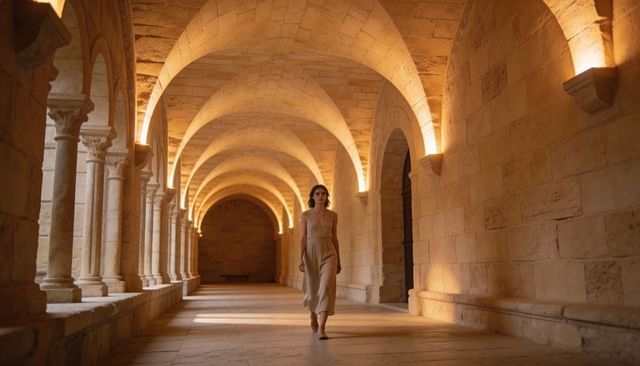 Woman walking through stone cloister with arched vaults and warm evening light