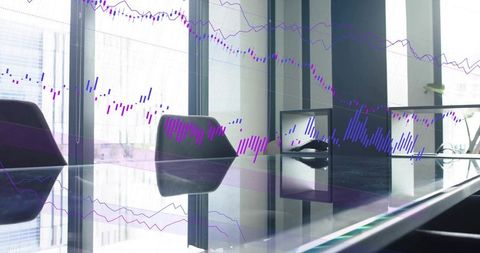 Reflective glass conference room reflecting urban skyline with stock market chart overlay